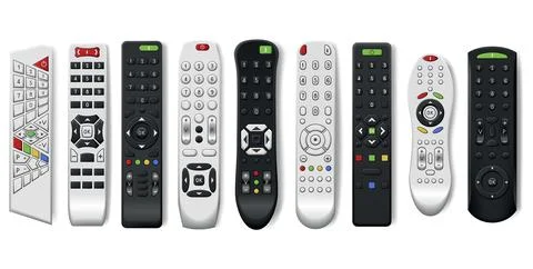 Tv remote controls with buttons in different designs. Wireless power media Stock Illustration