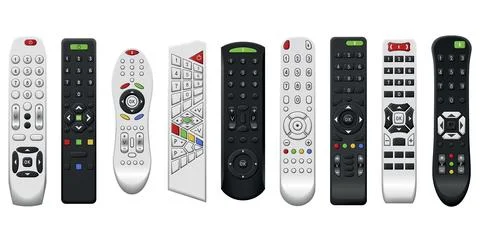 Tv remote controls with buttons in different designs. Wireless power media Stockillustratie
