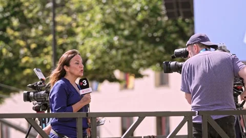 TV Reporter Broadcasting Live During Pope's Visit in Tenerife Stock Footage 343459265