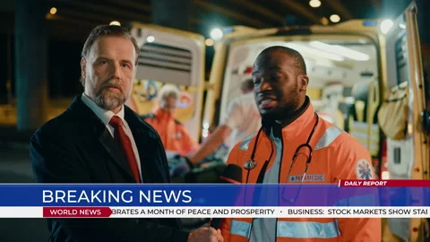 TV Reporter Does Interview with Ambulance Worker Stock Footage 145692524