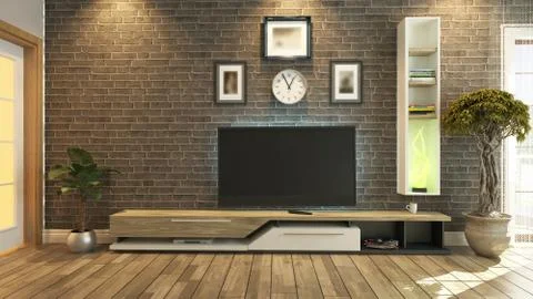 Tv room interior design 3d rendering Stock Illustration