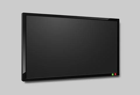 Tv screen angle view. Realistic lcd television black monitor, close up hanging Stock Illustration
