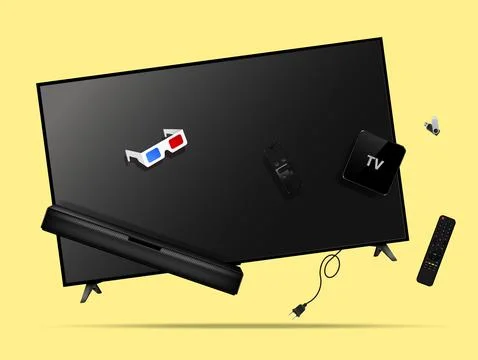 TV screen with digital devices levitation in the air Illustrazione stock