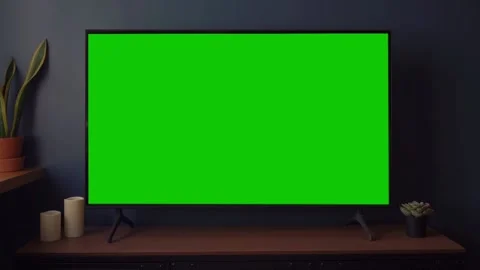 TV screen mockup background. Lcd tv monitor with blank green screen in living Stock Footage 190447795