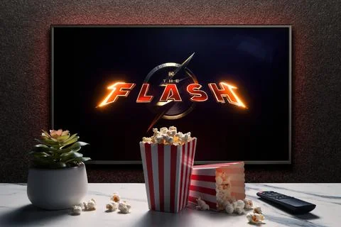 TV screen playing The Flash trailer or movie. Astana, Kazakhstan - May 15, .. Stock Photos