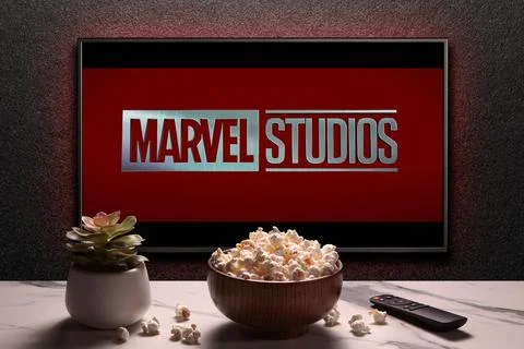 TV screen playing Marvel Studios movie. Moscow, Russia - January 6, 2023. Stock Photos