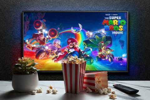 TV screen playing The Super Mario Bros. Movie trailer or movie. Astana, Kaz.. Stock Photos
