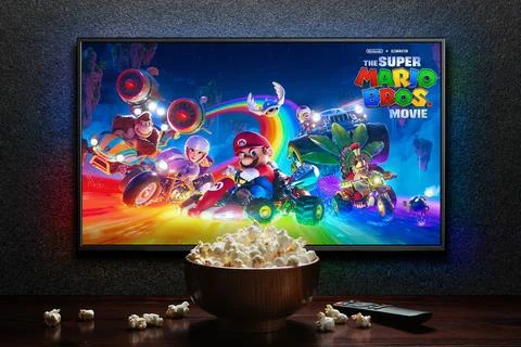 TV screen playing The Super Mario Bros. Movie trailer or movie. Astana, Kaz.. Stock Photos