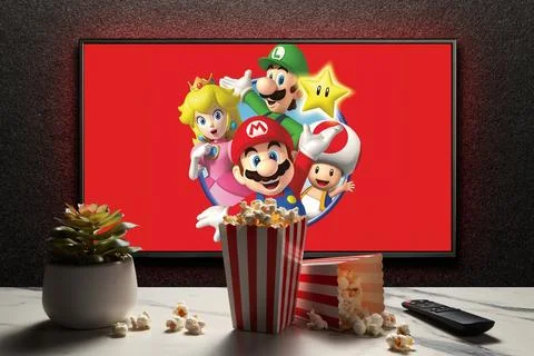 TV screen playing The Super Mario Bros. Movie trailer or movie. Astana, Kaz.. Stock Photos
