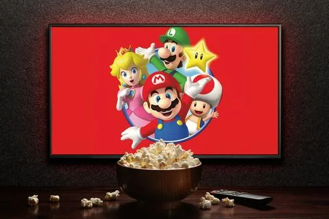 TV screen playing The Super Mario Bros. Movie trailer or movie. Astana, Kaz.. Stock Photos