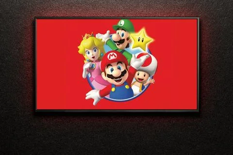 TV screen playing The Super Mario Bros. Movie trailer or movie. Astana, Kaz.. Stock Photos