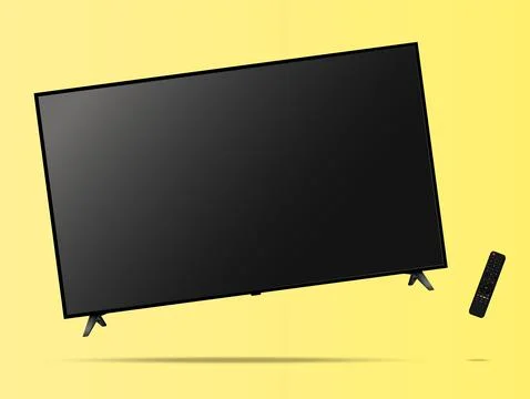 TV screen with remote control floated on yellow background Stock Illustration