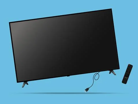 TV screen with remote control levitation on blue background Stock Illustration