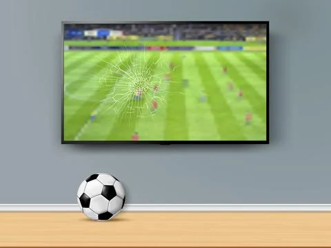 TV screen smashed by a soccer ball with a football match broadcast Stock Illustration