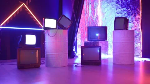 TV screens in brutal mystical disco premises or room. Old retro television set Video stock 146206053
