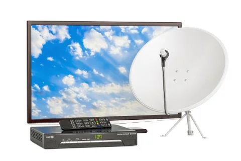 TV set with digital satellite receiver and satellite dish, telecommunications Stock-Illustration