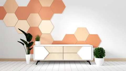 Tv shelf in modern empty room with plants on orange hexagon tile background,3 Stock Illustration