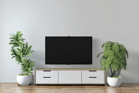 Tv shelf in modern empty room and decoration plants on white wall floor woode Stock Illustration