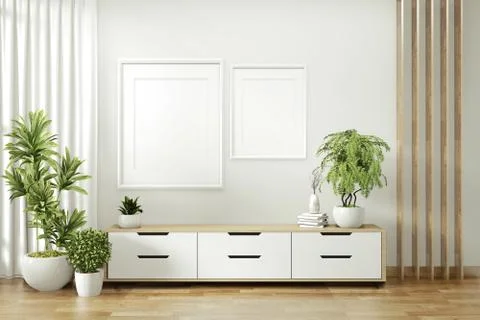 Tv shelf in modern empty room and decoration plants on white wall floor woode Stock Illustration