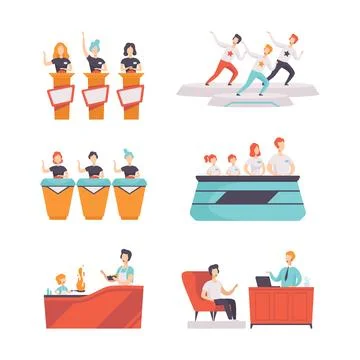 Tv Show and Television Program with People Participating Quiz Game and Interview Stock-Illustration