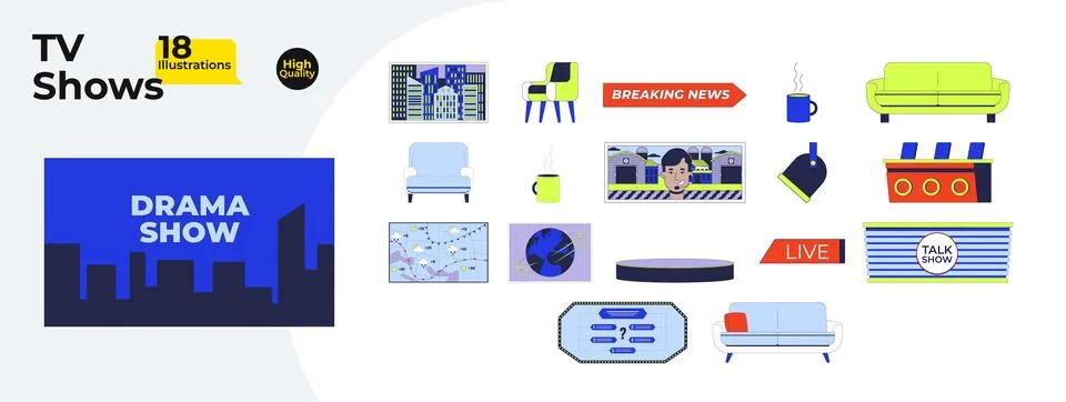 TV shows and broadcast elements cartoon flat illustrations mega bundle Stock Illustration