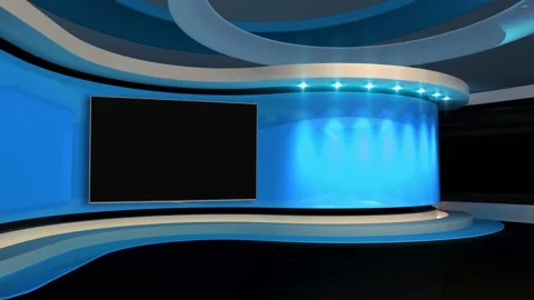 Tv Studio. Blue studio. Backdrop for TV shows .TV on wall. News studio. Stock Footage 136860055