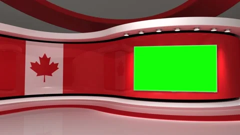 TV studio. Canada. Canada flag. News studio. Green screen background Stock Footage 151302989