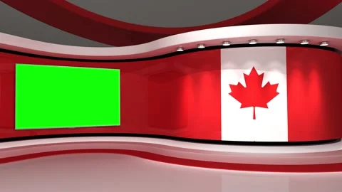 TV studio. Canada. Canada flag. News studio. Green screen background Stock Footage 151303005