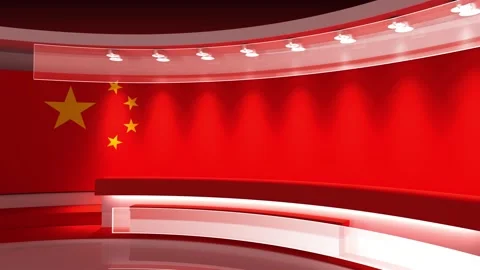TV studio. Chinese flag background. News studio Stock Footage 144811377