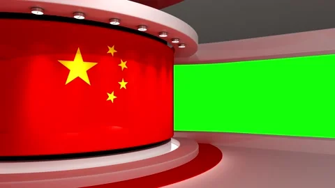 TV studio. Chinese flag background. News studio Stock Footage 152123200