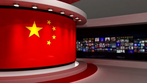 TV studio. Chinese flag background. News studio Stock Footage 152123218