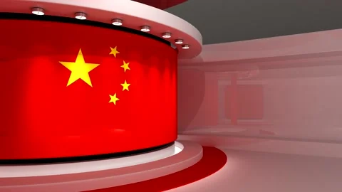TV studio. Chinese flag background. News studio Stock Footage 152123223