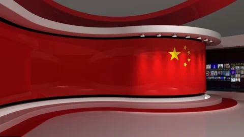 TV studio. Chinese flag background. News studio. Background. 3d render. 3d 스톡 동영상 152123272