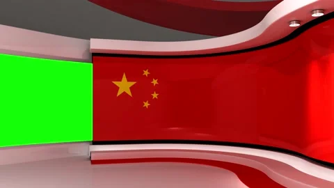 TV studio. Chinese flag background. News studio. Green screen. 3d render. 3d Stock Footage 152123304