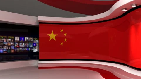 TV studio. Chinese flag background. News studio Stock Footage 152123320