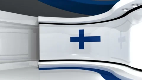 TV studio. Finland. Finnish flag background. News studio. 3d render. 3d 스톡 동영상 152123711