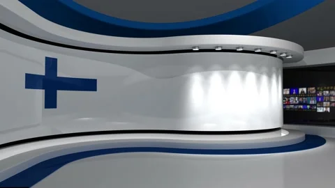 TV studio. Finland. Finnish flag background. News studio. 3d render. 3d 스톡 동영상 152123721