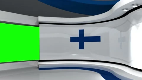 TV studio. Finland. Finnish flag background. News studio. 3d render. 3d 스톡 동영상 152123737