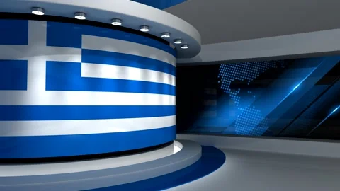 TV studio. Greek flag background. News studio. 3d render. 3d 스톡 동영상 152124041