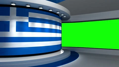 TV studio. Greek flag background. News studio. 3d render. 3d 스톡 동영상 152124061