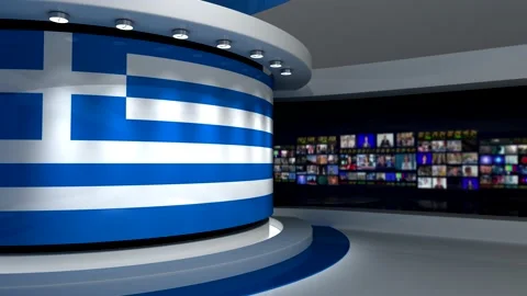 TV studio. Greek flag background. News studio. 3d render. 3d Stock Footage 152124069