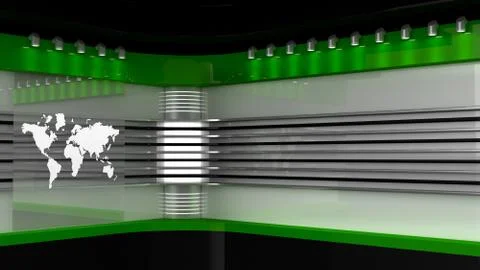 Tv Studio. Green studio. Backdrop for TV shows .TV on wall. News studio. Illustrazione stock