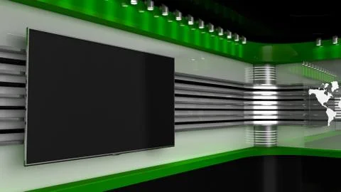 Tv Studio. Green studio. Backdrop for TV shows .TV on wall. News studio. Th.. Stock Illustration