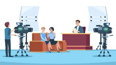 Tv studio interview. Talk show in broadcasting studio on television. Talking Stock Illustration