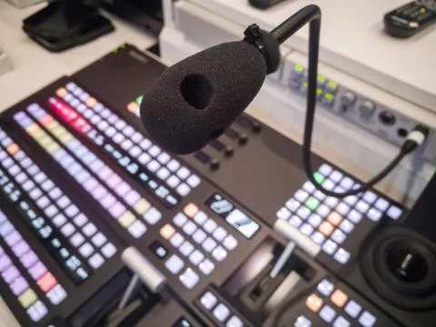 TV studio microphone., microphone in studio for voice actor, radio broadcasti Stock Photos