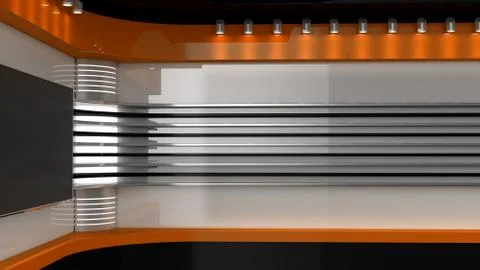 Tv Studio. Orange studio. Backdrop for TV shows .TV on wall. News studio. T.. Illustrazione stock
