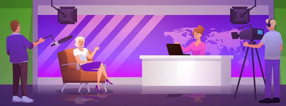 TV studio with a presenter at a table, a guest in a chair, and camera operators. Stock Illustration