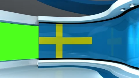 TV studio. Sweden. Swedish flag. News studio. 3d render. 3d Vídeos de archivo 152127771