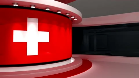 TV studio. Switzerland. Swiss flag. 3d render. 3d Vídeos de archivo 152128024