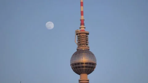 TV Tower Berlin with the Moon by its Side Stock Footage 162759793